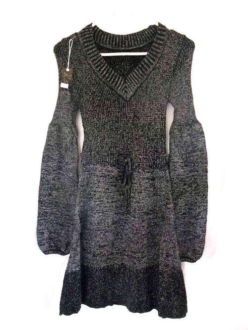 Stylish Puff Sleeve Glitter Jersey Black Dress 32/34