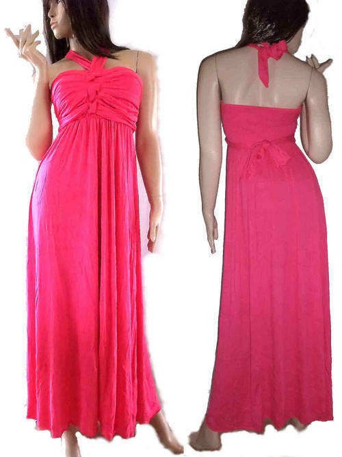 Pink Pleated Bust Halter Neck Evening Maxi Dress 34/36