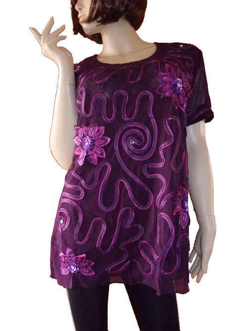 Elegant Floral Sequin Sheer Chiffon Blouse Lined Purple 36/38