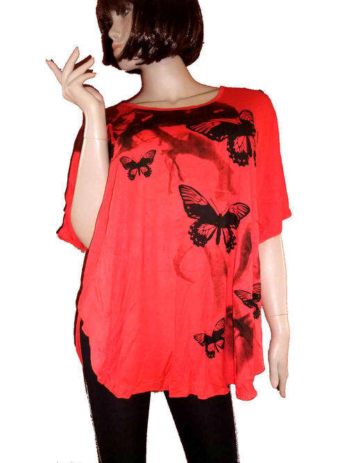 Watercolor Scoop Front Butterfly Sleeve Cotton Top Tangerine Free Size