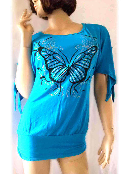 Scoop Front Open Tie Sleeve Butterfly Glitter Long Top Ocean Blue 34/36