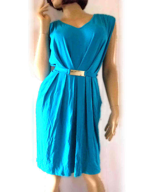 Glamorous Ocean Blue Knee-Length With Belt/Pockets Cotton Dress 32/34