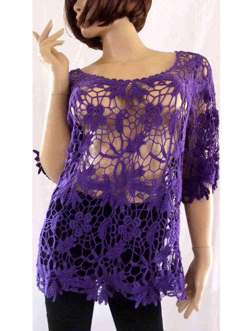 100% Cotton Elegant  Embroidery Long Top Purple Free Size