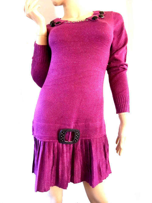Elegant Scoop Front Glitter Knit Dress Dark Magenta 36/38