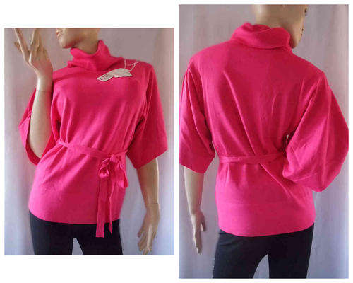 Wide Square Sleeve Turtleneck Knit Top W Belt Pink Free Size