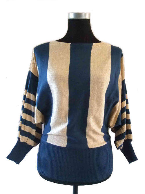 Wide Collar Dolman Sleeve Blouse One Size Light Beige Glitter/Midnight Blue