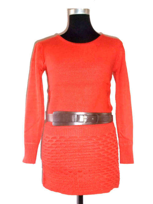 Scoop Front Long Knitwear With Belt Firebrick One Size