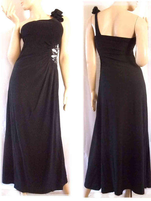 Roses One Shoulder Sequins Waist Stunning Evening Dress Black Size 38/40