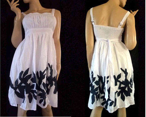 Classic Knee Length Pleated Cotton Dress Lined W Pocket White/Black Size 34/36