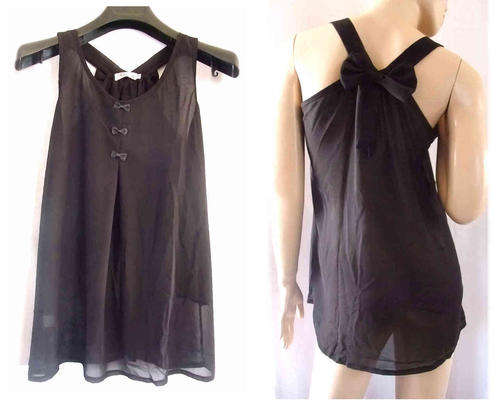 Romantic Bow Detail Chiffon Tunic Top Black Size 36/38