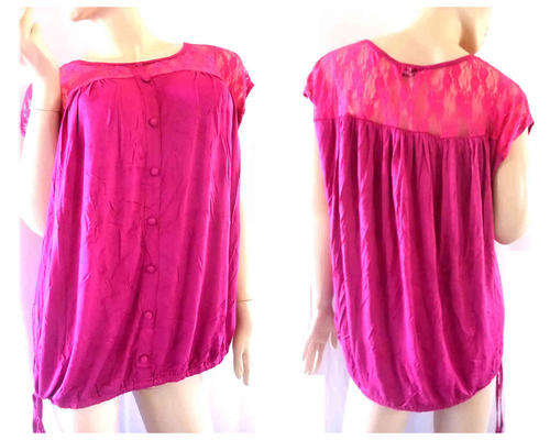 Lace Pullover Blouse W Button Decor Dark Magenta Size 36/38