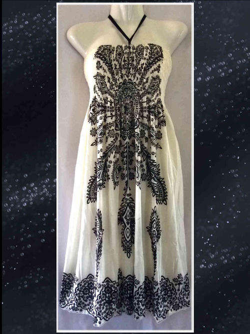 Exotic Comfy Elastic Halter Casual Dress Cream/Black Size 30-38