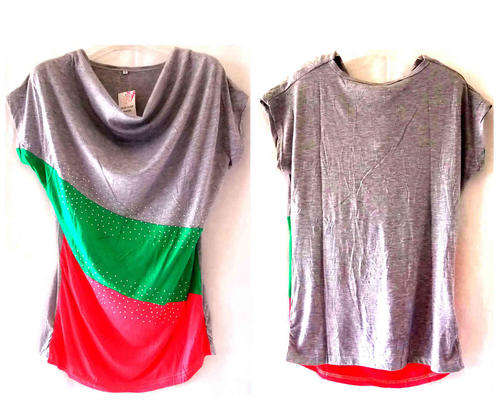 Drop Front W Sequins Cotton Top Grey/Green/Red Size 38/40