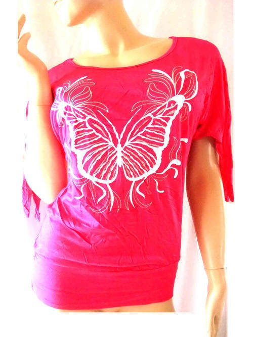 Scoop Front Open Tie Sleeve Butterfly Glitter Long Top Deep Pink 34/36