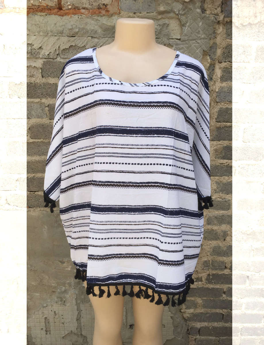 Loose 3/4 Sleeve High Low Tassel Hem Stripe Top Size 46-48