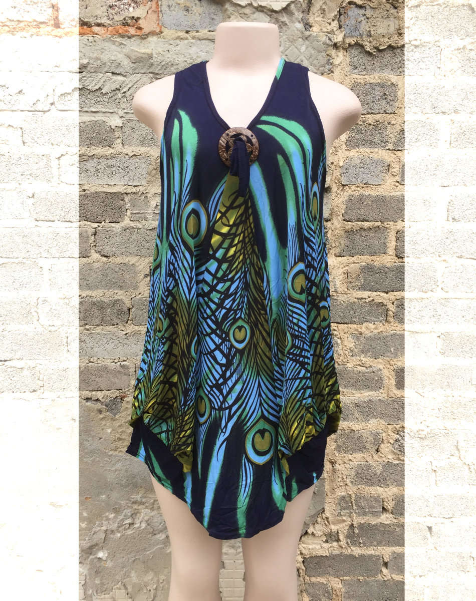 Multicolor Sleeveless Peacock feather Print Tunic 1Size 32-38