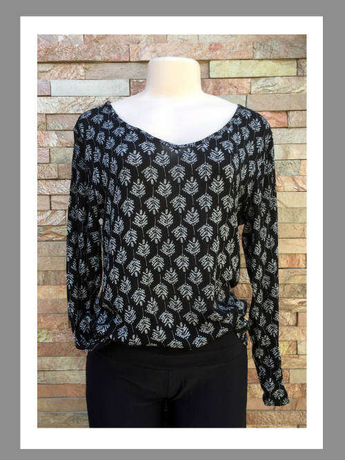 Long Sleeve Cotton Blouse Black/White Size M
