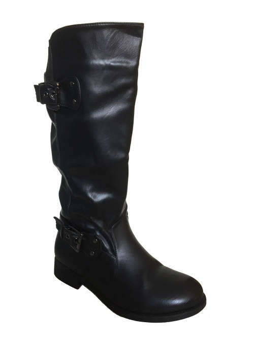 Stretch Wide Calf High Leg boots Low Heel With Buckles Black Sizes 3,4,5