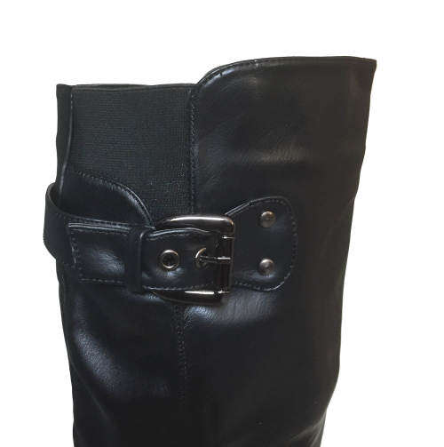 Stretch Wide Calf High Leg boots Low Heel With Buckles Black Sizes 3,4,5
