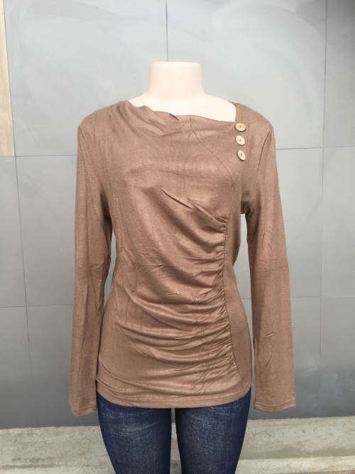 Unbalanced Neckline Side Gathered Ruched Shirt Colors Camel Sizes 32 - 42, Black Sizes 32 - 40