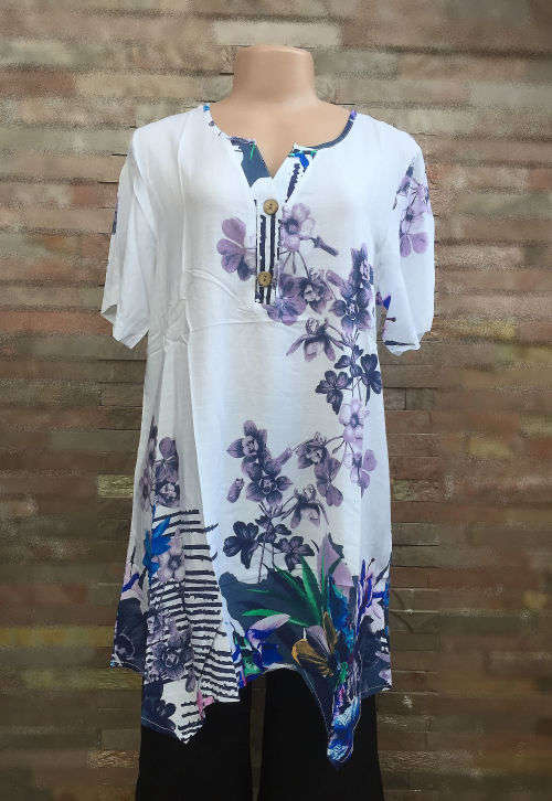 New Arrival 2017 - Elegant Floral Print Long Tunic Top Curved Hem 2 Colors Available Sizes 34 - 42