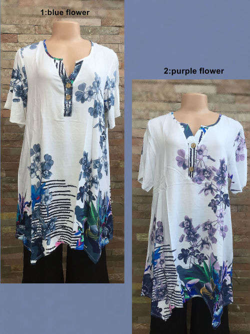 New Arrival 2017 - Elegant Floral Print Long Tunic Top Curved Hem 2 Colors Available Sizes 34 - 42
