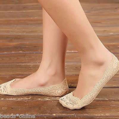 Ladies Lace Non Slip Shoe Liner Secret Socks Anti Slip Footsies Color Beige