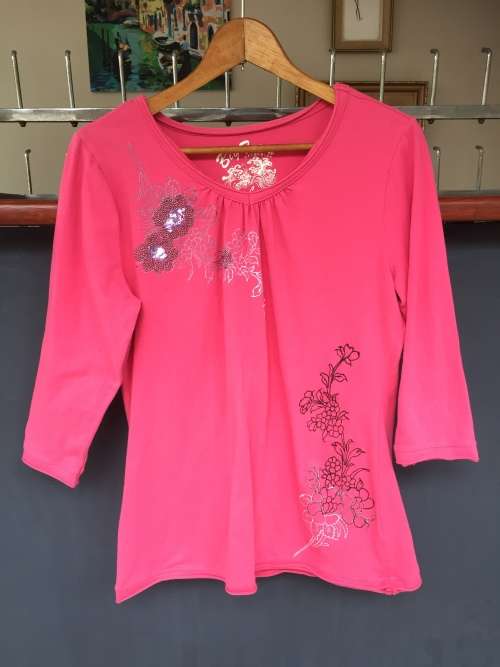 Unique!Japanese Flower Printing Embroidery Sequins Long Top 3/4 Sleeve Size L