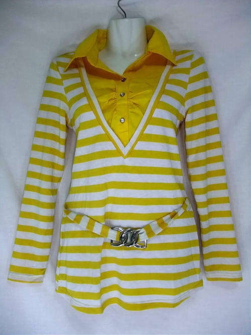 STRIPE COLAR TOP WITH BELT DECORATION, XL/XXL