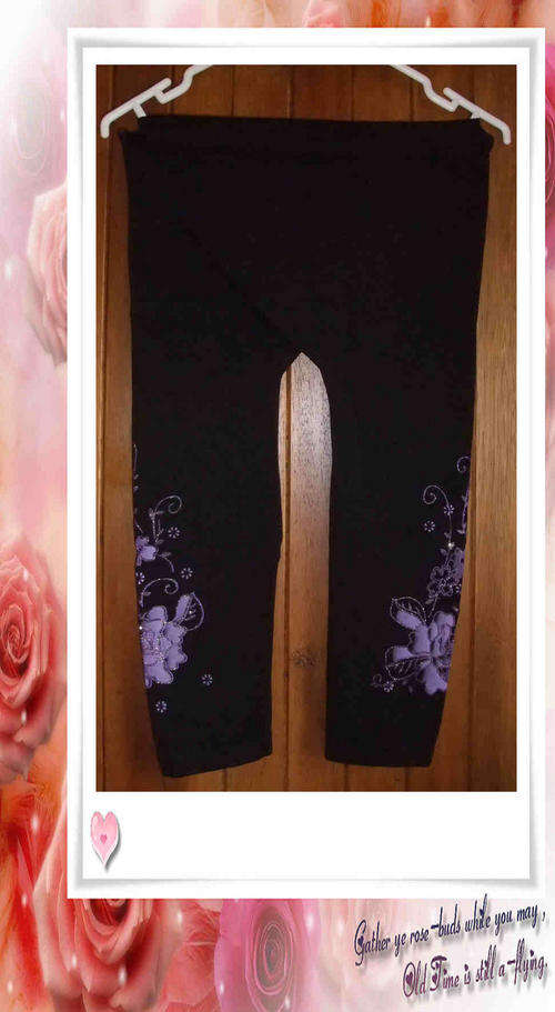 Below Knee Black Leggings With Purple Floral Glitter Detail
