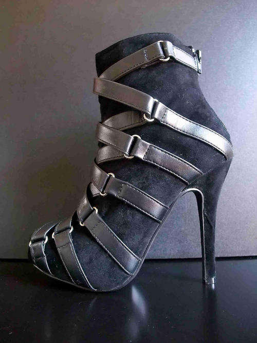 WOMENS NEW CROSS STRAP SUEDE HIGH HEEL ANKLE BLACK BOOTS 5