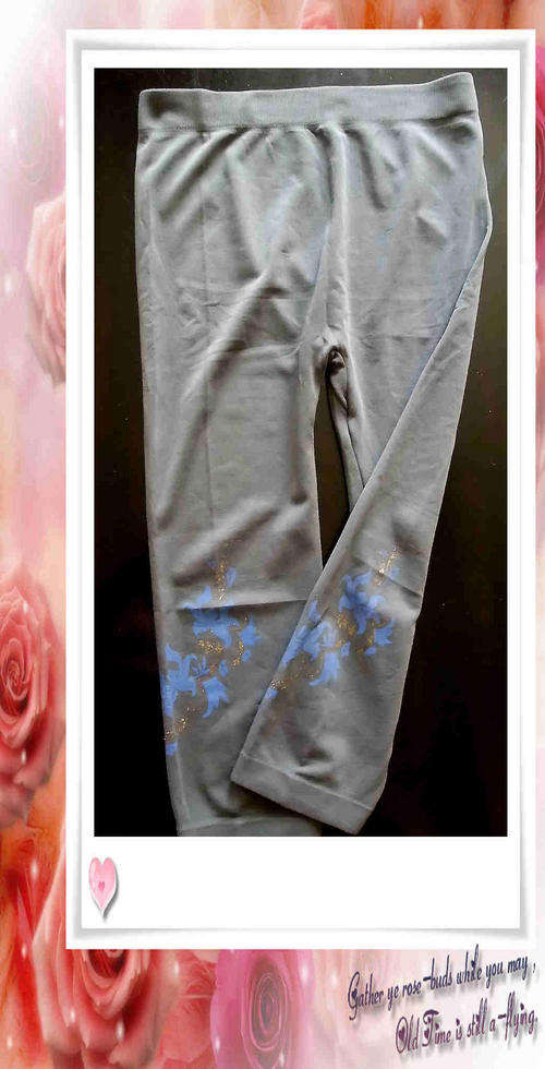 Below Knee Grey Leggings With Gold/Blue Floral Glitter Detail