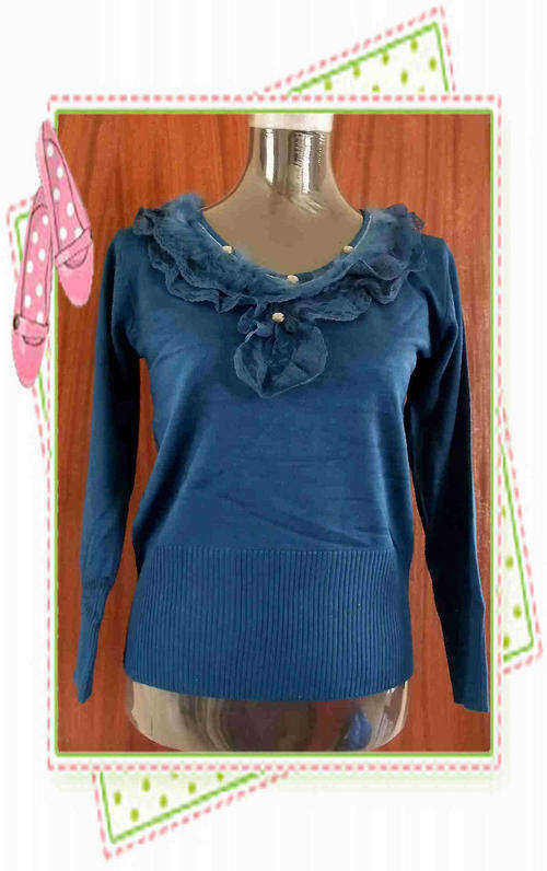 LONG Sleeve LACE+FUR Trim KNITTED Top -  BLUE
