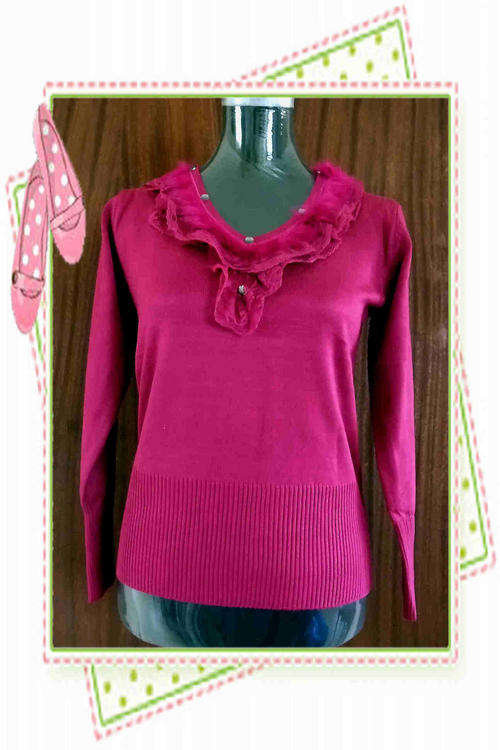 LONG Sleeve LACE+FUR Trim KNITTED Top -  PINK