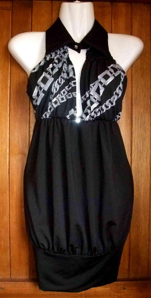 Sexy Chain Print Gather Hem Collar Mini Club Dress - Silver