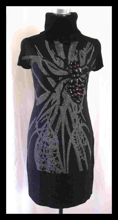 Turtleneck Elegant Long Jersey Dress With Pretty Pattern Color: Black 36/38