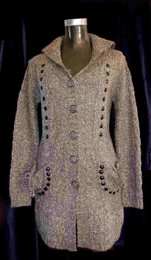 WOOL Long SWEATER Pretty Front With Pockets - Speckled Grey&White