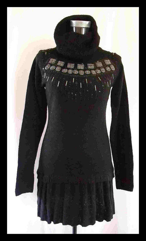 Turtleneck Elegant Long Jersey Dress With Pretty Pattern Color: Black 32/34