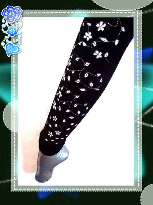 Black Leggings With White Floral Glitter Detail