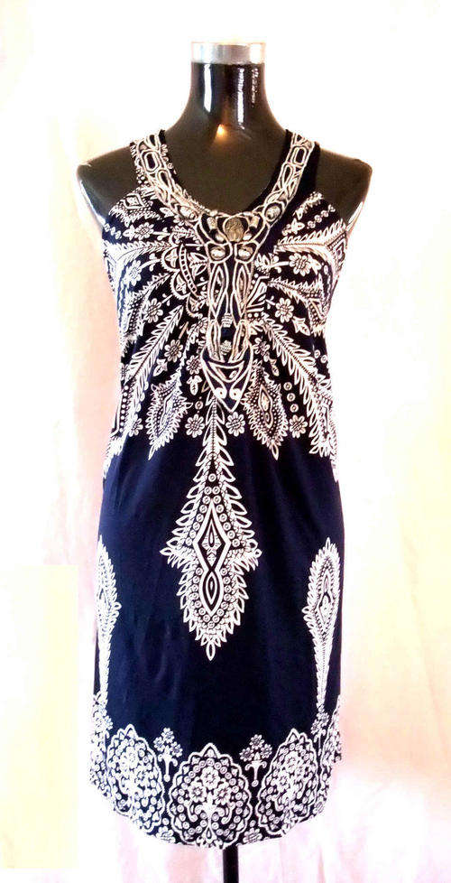 Elegant Cotton Spring Dress Pretty Front Dark Blue/White Size: 34/36