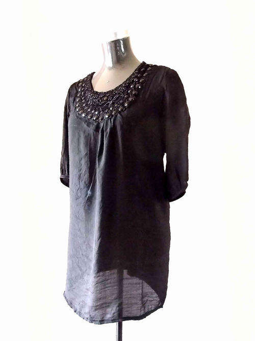 Long Blouse Half Sleeve Satin Edge Jewel Embroidery Black 34/36