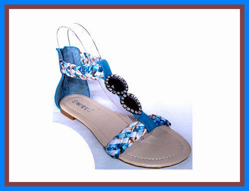R1 **** Low-Key Luxury T-Strap Diamond/Gemstones Blue/Caramel Sandals Size: 5