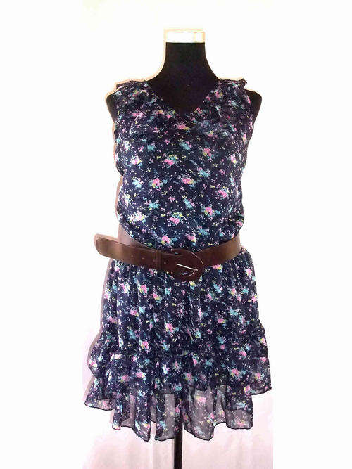 Lotus Leaf Floral Chiffon Dress Elastic Waist W Belt Dark Blue 36