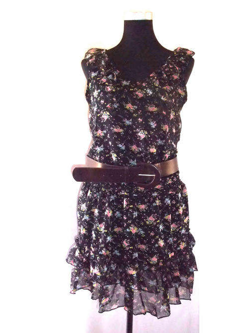 Lotus Leaf Floral Chiffon Dress Elastic Waist W Belt Black 34