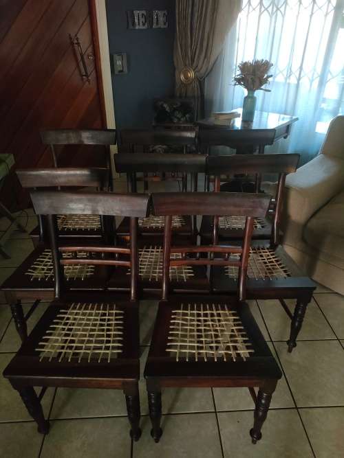 19th Century Antique Blackwood Riempie dining chairs x 8