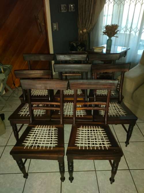 19th Century Antique Blackwood Riempie dining chairs x 8