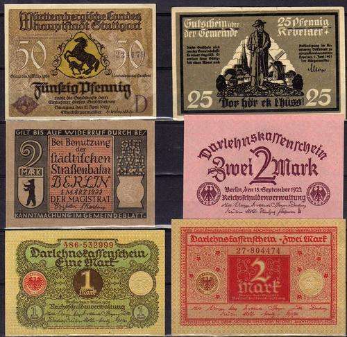 1921 Fresh lot of 6 GERMAN NOTGELD (Emergency paper money) for diff. areas. Crisp
