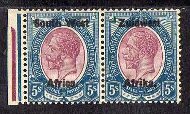 1923 SWA 5 shillings mint, Bold ovpt SACC 24 marginal very light hinge