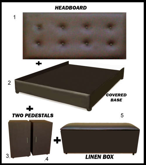 5 Pce Queen Bedroom Suite. Headboard, Covered Base,2 x pedestals, Blanket Box