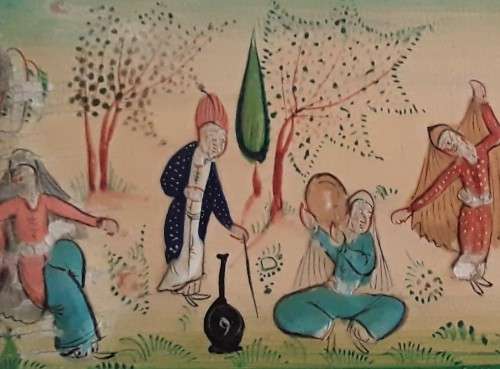 AN EARLY ORIENTAL INLAID, HAND-PAINTED BOX.